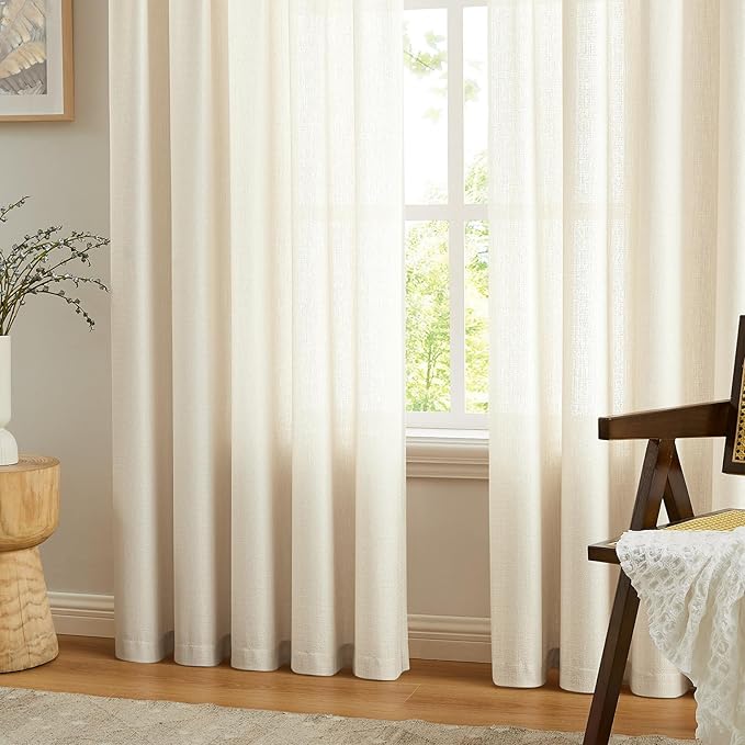 Melodieux Beige Semi Sheer Curtains 63 Inch Length for Bedroom Living Room, Farmhouse Linen Texture Light Filtering Home Office Shiny Sheer Drapes Rod Pocket, 52" W x 63" L, 2 Panels
