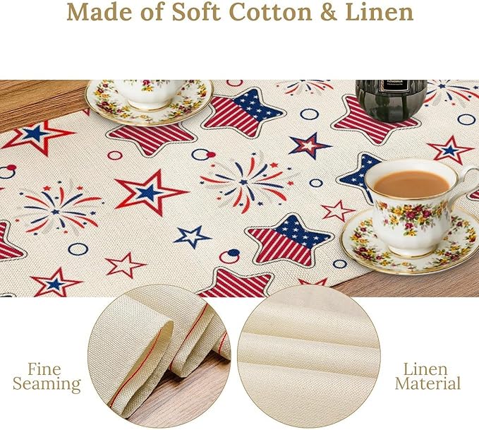 4th of July Table Runner, American Patriotic Independence Day Red Blue White Stars Stripes Fireworks Print Table Runner for Home Party Decor Kitchen Dining Table, 13x90inch