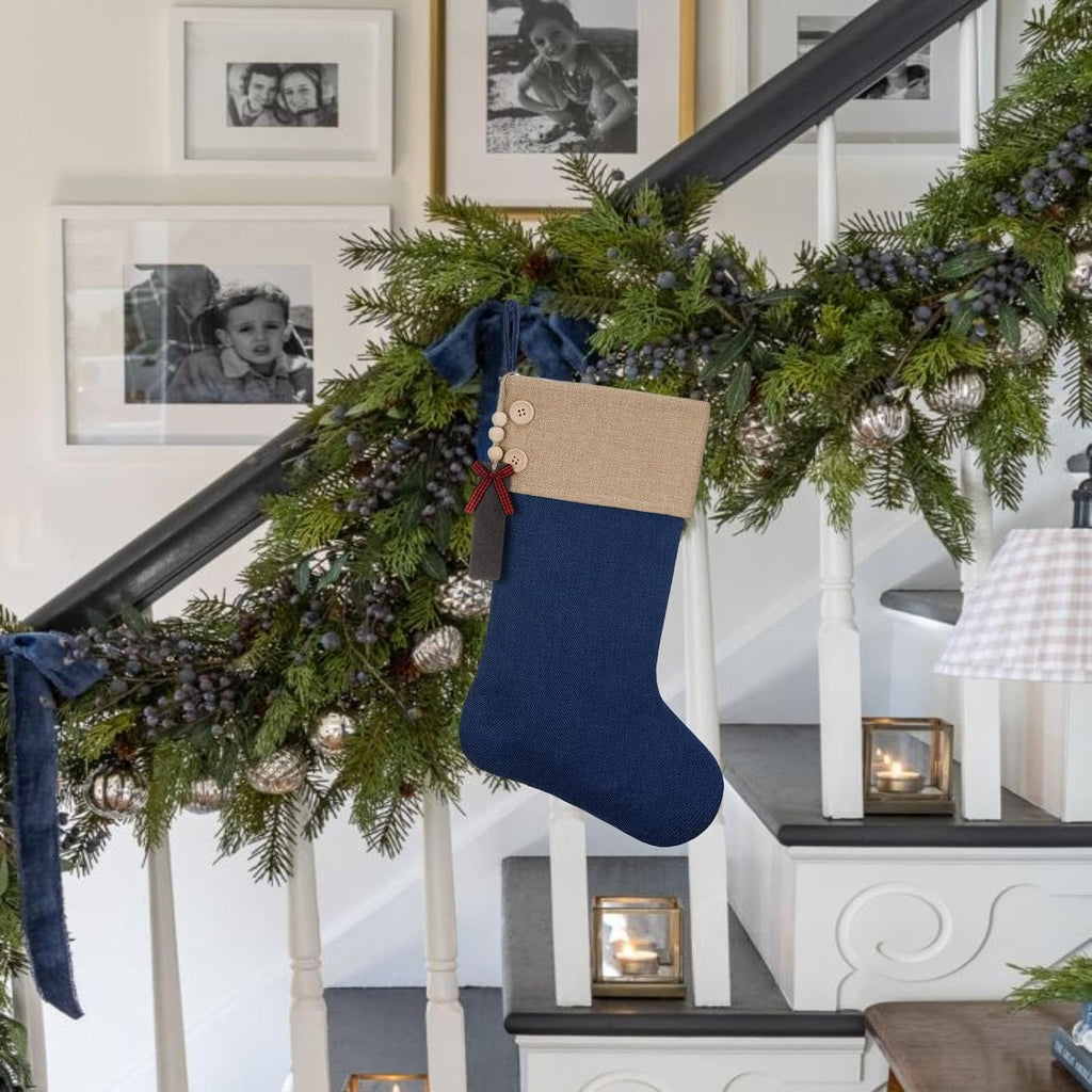 Burlap Christmas Stocking,19.5 Inch Fireplace Hanging Stockings with Wooden Tags DIY Name, Family Holiday Decorations and Xmas Gift,Blue 5Pcs