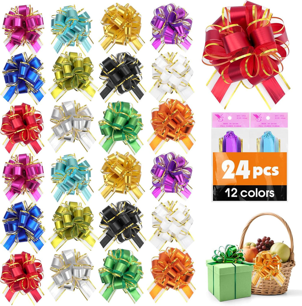 24 Pcs Pull Bows for Gift Baskets, 12 Color 6 Inch Large Gift Bows for Wrapping, Organza Phnom Penh Gift Wrap Bows for Presents&Crafts, Pull Ribbon Gift Bows for Wedding,Party,Christmas,Thanksgiving.
