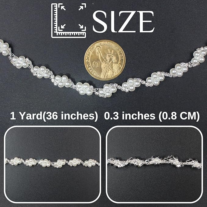 PEARLY JUN 1 Yard Pearl Rhinestone Trim Chain Silver Crystal Fringe Diamond Applique Ribbon String Tassel Strip for Sewing Wedding Dress Crafting Crafts Flower Embellishments