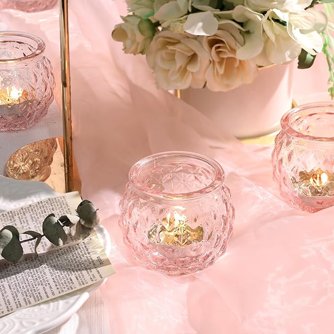 DARJEN 48Pcs Pink Votive Candle Holders- Round Candle Holders Bulk for Flameless LED Tea Waxes, Romantic Candle Holder for Wedding & Home Table Decor, Various Parties