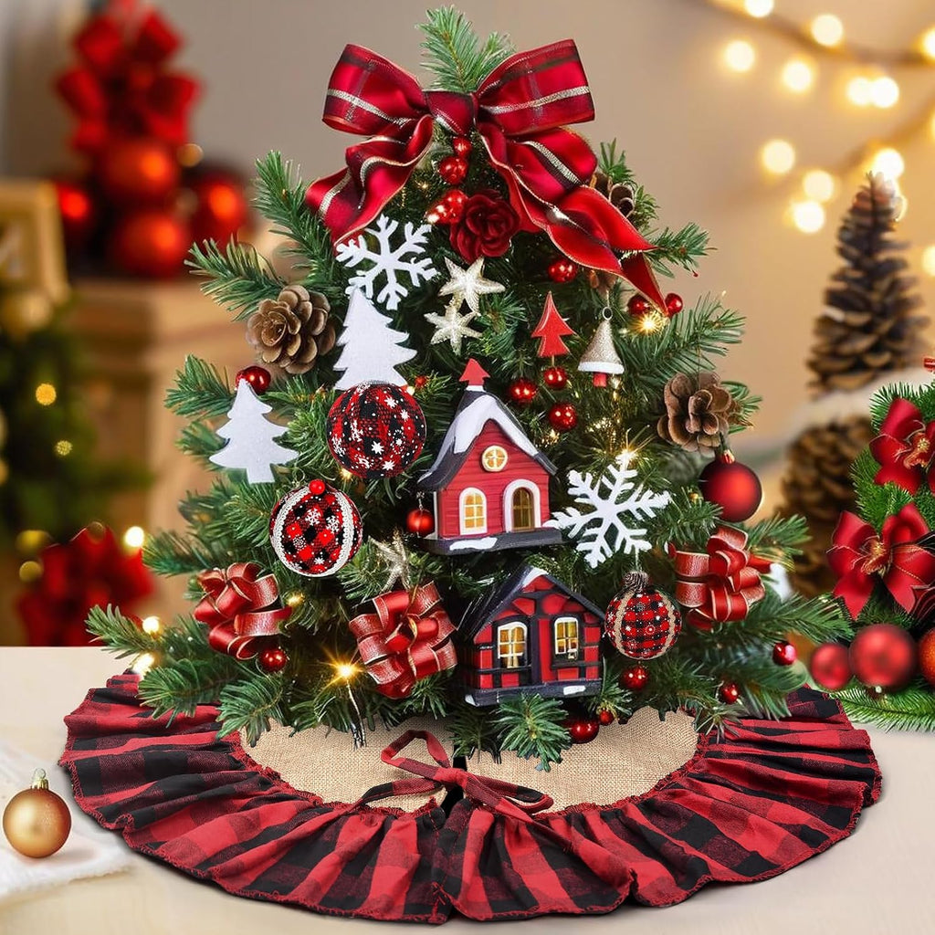 Mini Buffalo Plaid Burlap Tree Skirt with Red and Black Ruffle, 24 inch Small Red Black Gingham Chrismtas Tree Skirt, Rustic Farmhouse Christmas Tree Decorations for Tabletop Tree, Xmas Tree Mat