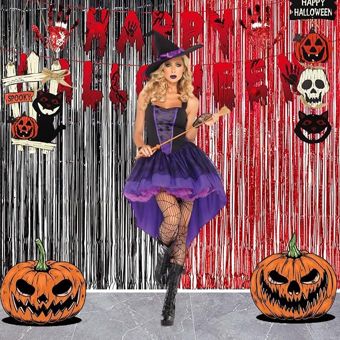 Foil Fringe Curtain Party Decorations - Black Red Metallic Tinsel Backdrop Party Steamers Curtains for Birthdays Halloweens Christmas Theme Prom Holidays Parties Decorations