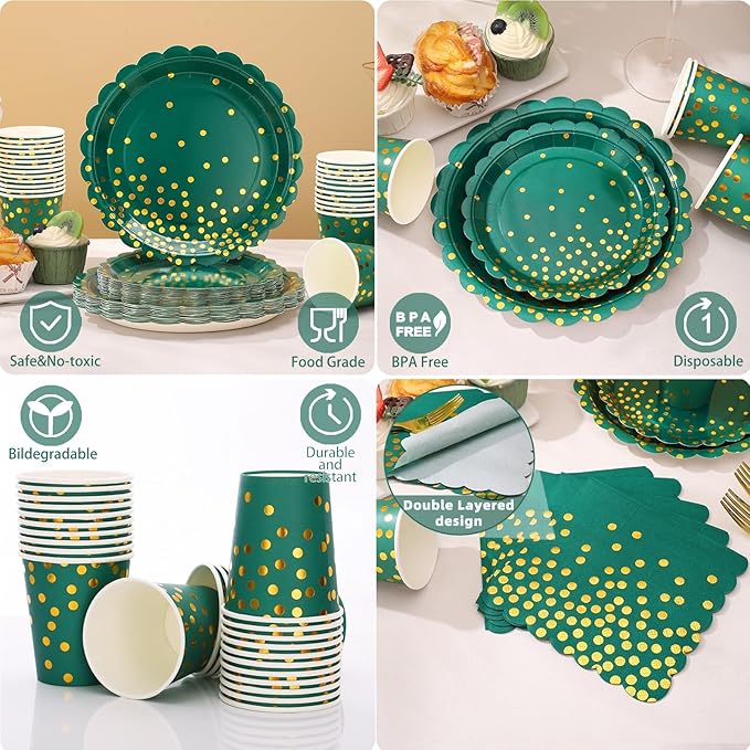 175Pcs Green and Gold Party Decoration - Green Plates and Napkins Party Supplies - Scalloped Paper Plates for Birthday Graduation Decorations, Serve 25 Guests