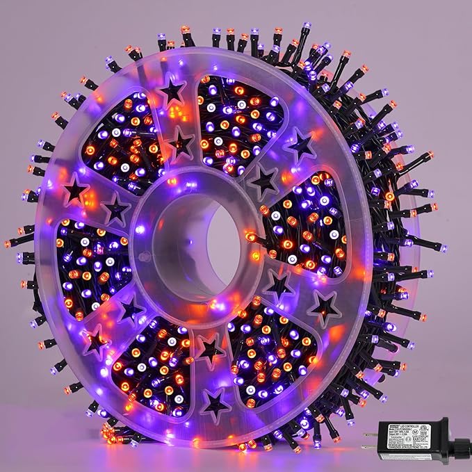 YEGUO 165ft 500 LED Halloween Lights Outdoor Waterproof, Orange and Purple String Lights Indoor, Green Wire Christmas Tree Lights Plug in with Timer Memory 8 Modes