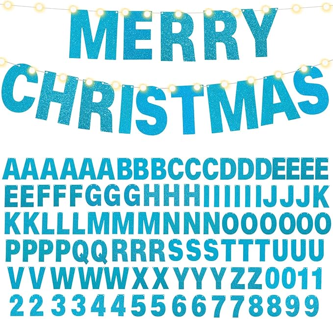 TaoBary 112 Pcs DIY Letter Kit Glitter Customizable Banner Letters Include 107 Letters and Numbers 3 Rope and 2 Needles for Birthday Halloween Christmas Wedding Valentine Party Decor(Baby Blue)