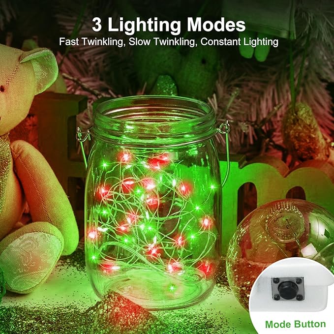 btfarm 12 Pack Fairy Lights Battery Operated [3 Modes], 7ft 20 Led Twinkle Lights String Lights Waterproof Bulk Small Mini Silver Wire for Christmas Mason Jars Wedding Table Centerpiece, Red Green