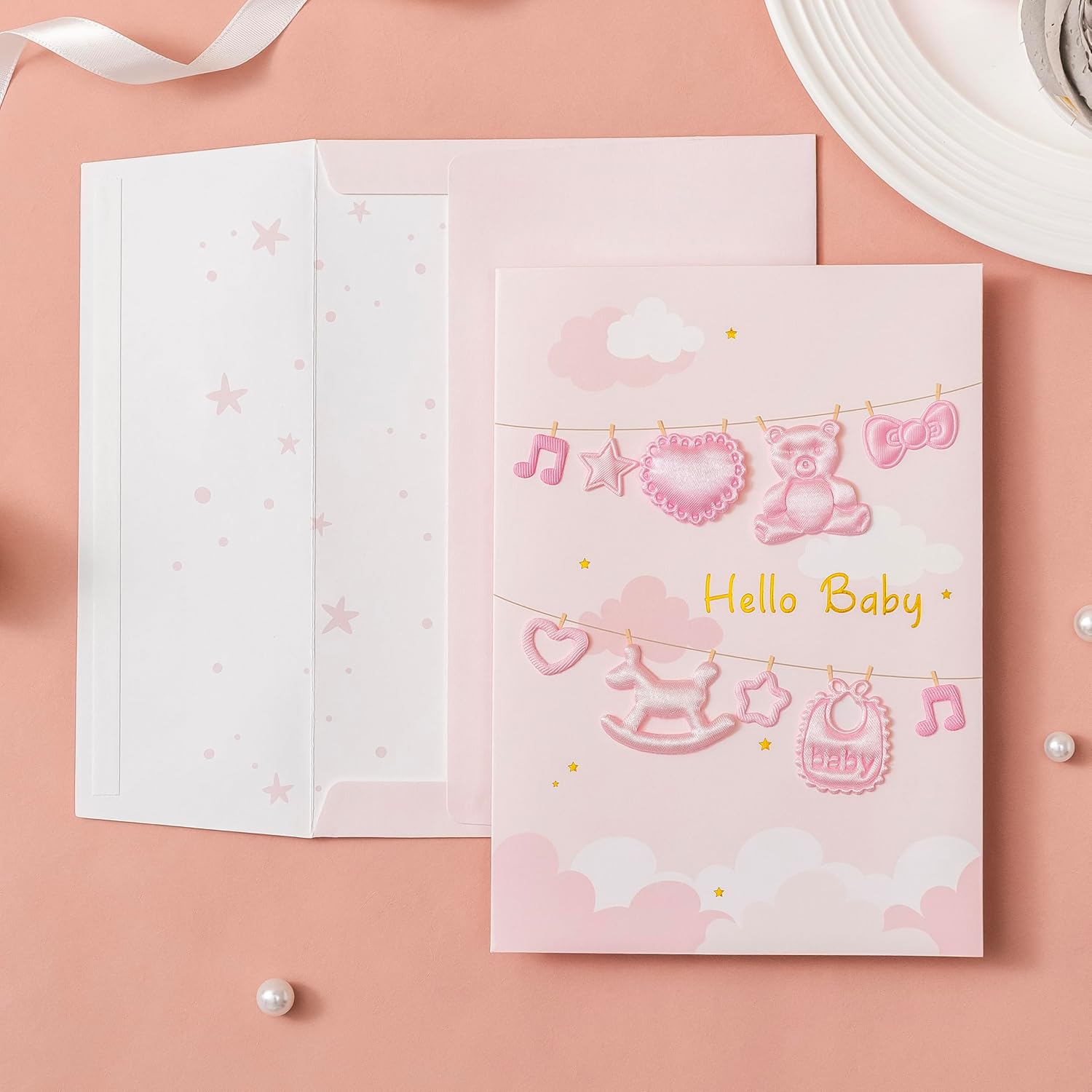 Crisky Baby Shower Card for Girls -3D Fabric Decor- Pink Rose Gold Welcome Congratulations Baby Card for New Baby Girl （Pink Bear）,5x7