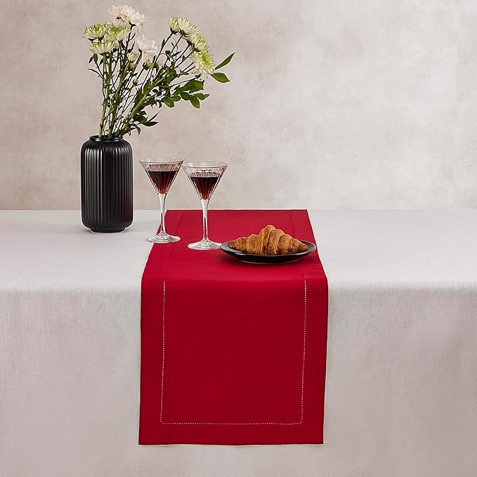 Red Table Runner 48 Inch – Cotton Linen Hemstitch Farmhouse Table Runner 14x48 – Washable Fabric for Dining Table, Spring, Summer, Wedding, Everyday Décor – Serena