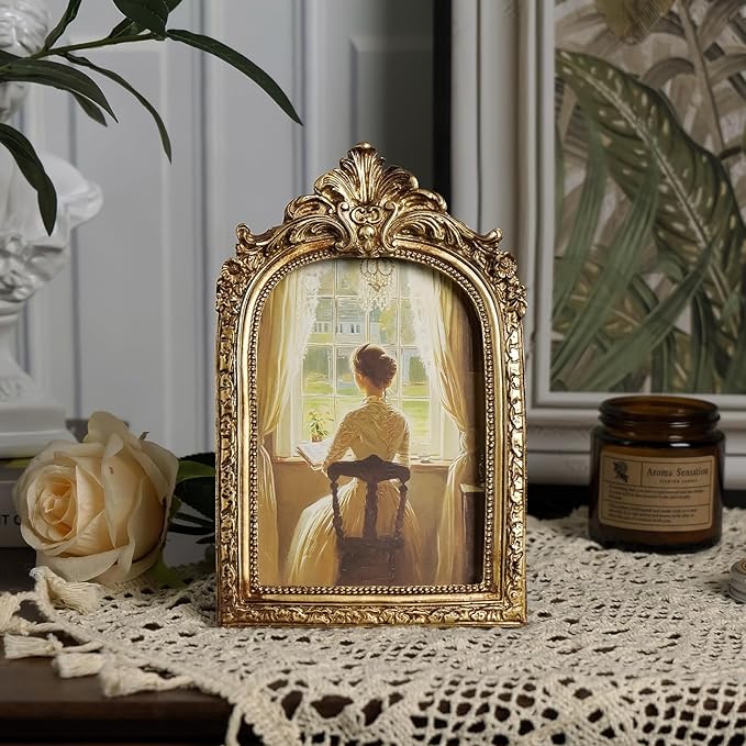 Cuspin Vintage 4x6 Picture Frame, Gold Ornate Resin Frames with Plexiglass Front for Tabletop and Wall Mounting, Antique Arched Photo Frame for Home Office Decor