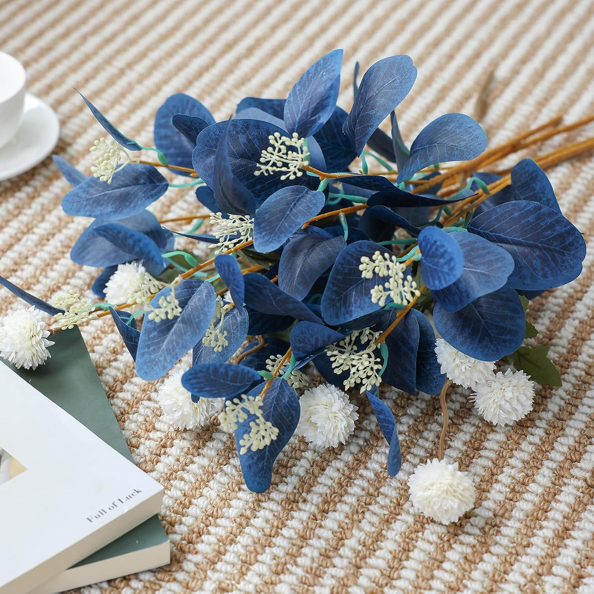 mizii 15pcs artificial flowers for vase, blue eucalyptus showing dimensions