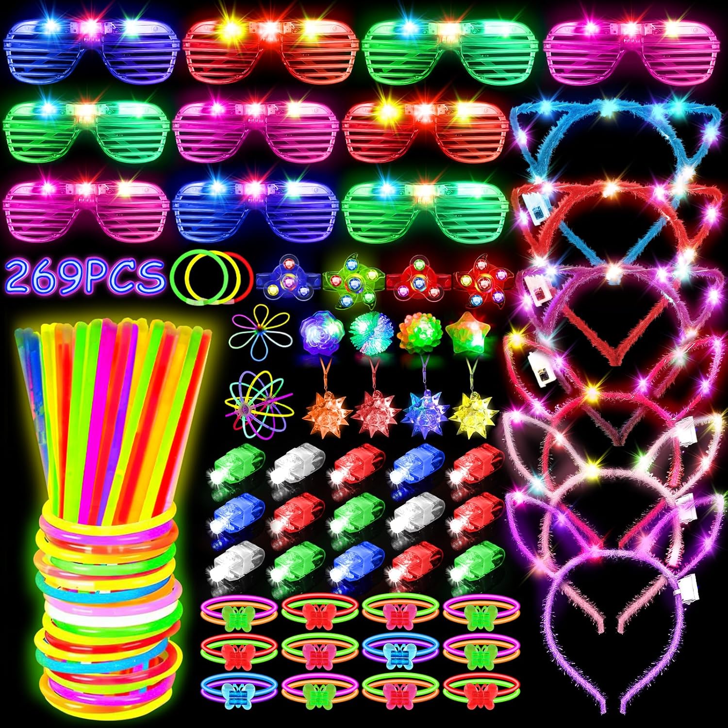 MIBOTE 269Pcs Led Light Up Toys Party Favors Glow in the Dark Party Supplies for Kid/Adults with Light Up Glasses,Headband,Rings,Bracelets,100 Glow Sticks Bulk Party Pack DIY Glow Neon Party Supplies