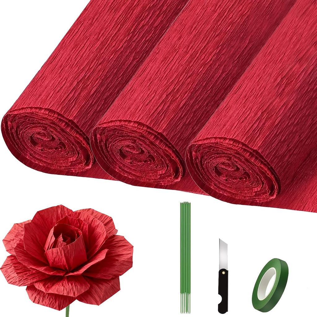 Crepe Paper Roll (9.8Inch x 8.2Ft/3Rolls), Heavy Papel Crepe Set Multi-Color, Crepe Paper for Birthday Wedding Party Decoration DIY Craft (Red)