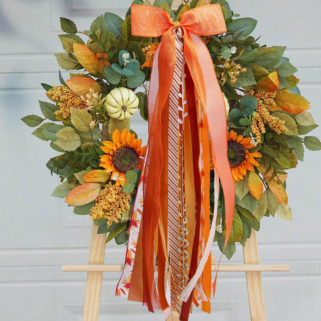 RunNico Thanksgiving Assorted Ribbon Bow for Wreath, Large Fall Clip-On Wreaths Ribbon Bundle, Orange Decorative Wreath Sash Bundle for Thanksgiving Day Party Autumn Front Door Yard Porch Decor