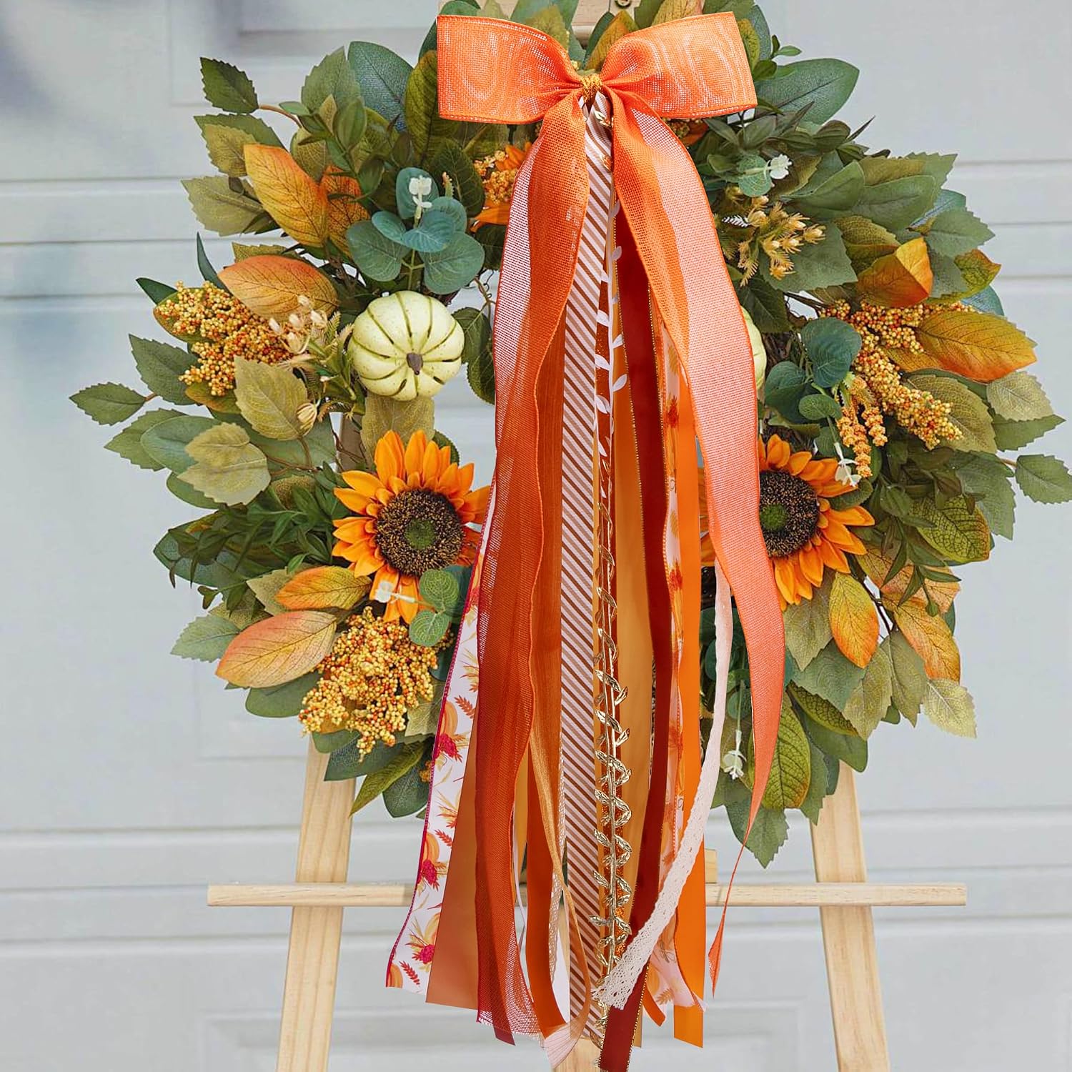 RunNico Thanksgiving Assorted Ribbon Bow for Wreath, Large Fall Clip-On Wreaths Ribbon Bundle, Orange Decorative Wreath Sash Bundle for Thanksgiving Day Party Autumn Front Door Yard Porch Decor