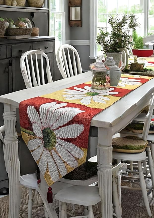 Tache Floral Colorful Yellow Red White Decorative Spring Daisy Flower Loves Me Not Woven Tapestry Long Kitchen Dining Table Runner 13x90