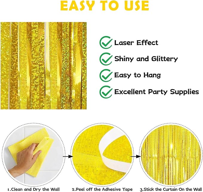 3 Pack Gold Foil Fringe Curtain,Birthday Backdrop Bachelorette Party Decorations 3.28X6.56 Feet Streamer Curtains for Parties Wedding Engagement Shower Graduation Decor