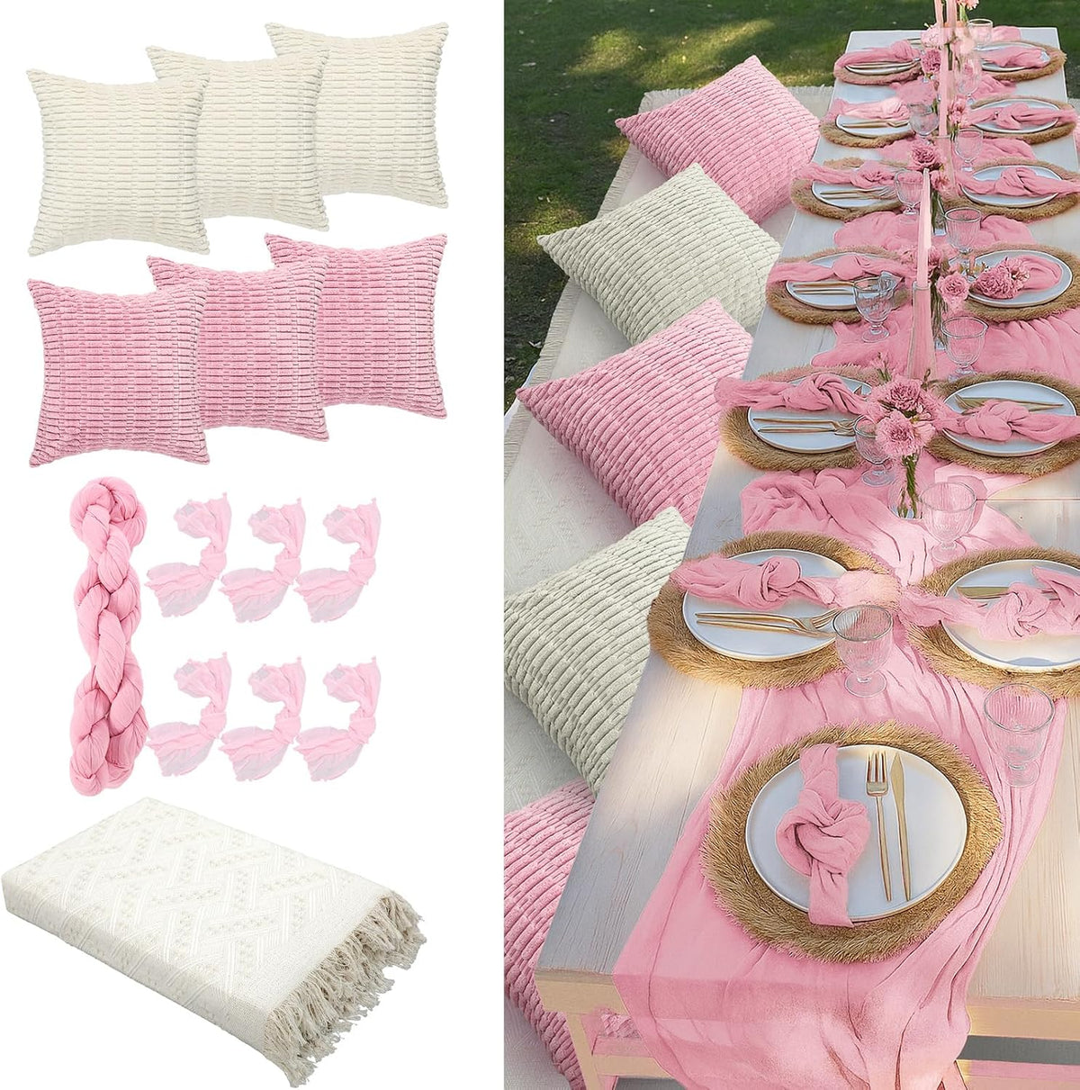 14 Pack Extra Large Pink Picnic Blanket Kit 91x71'' Outdoor Boho Pink...