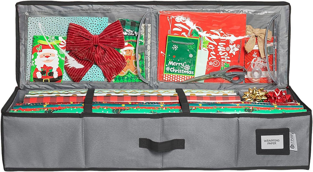 HOLDN’ STORAGE Premium Wrapping Paper Storage Container - Durable 600D Tear-Proof, Fits 27 Rolls Gift Wrap, Extra Pockets for Ribbons & Bows, Underbed Storage - Ideal for Holiday Christmas, Gray