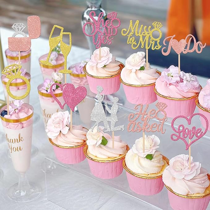 30 PCS He Asked She Said Yes Cupcake Toppers Glitter Miss to Mrs I Do Love Heart Ring Cupcake Picks Wedding Engagement Cake Decorations for Wedding Engagement Bridal Shower Party Supplies Colorful