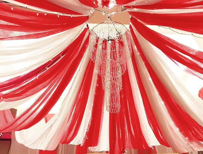 6 Panels Red Wedding Ceiling Drapes 5ftx20ft Ceiling Drapes Chiffon Fabric Arch Draping Sheer Curtains Soft Drapery Draping Wedding Ceiling Decorations for Party Ceremony Stage Swag