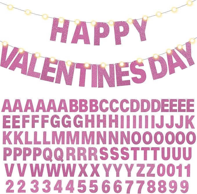 TaoBary 112 Pcs DIY Letter Kit Glitter Customizable Banner Letters Include 107 Letters and Numbers 3 Rope and 2 Needles for Birthday Halloween Christmas Wedding Valentine Party Decor(Pink)