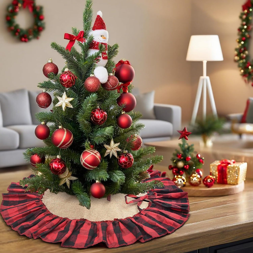 Mini Buffalo Plaid Burlap Tree Skirt with Red and Black Ruffle, 24 inch Small Red Black Gingham Chrismtas Tree Skirt, Rustic Farmhouse Christmas Tree Decorations for Tabletop Tree, Xmas Tree Mat