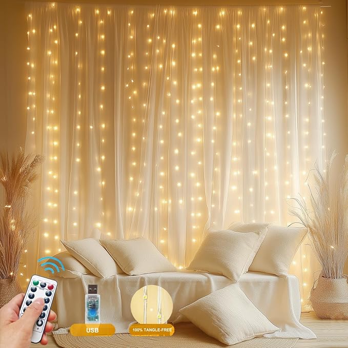 Fairy Curtain Lights Upgraded Tangle-Free Warm White USB Plug in 8 Modes String Hanging Lights with Remote for Christmas, Bedroom, Indoor, Outdoor, Weddings, Party (6.6FTx6.6FT)
