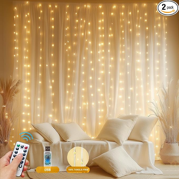 2 Pack Fairy Curtain Lights Upgraded Tangle-Free Warm White USB Plug in 8 Modes String Hanging Lights with Remote for Christmas, Bedroom, Indoor, Outdoor, Weddings, Party (10 FTx10 FT)