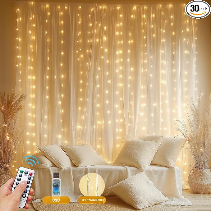 Fairy Curtain Lights Upgraded Tangle-Free Warm White USB Plug in 8 Modes String Hanging Lights with Remote for Christmas, Bedroom, Indoor, Outdoor, Weddings, Party (10FTx10FT)