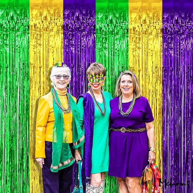 4 Pack 3.2Ft x 6.6Ft Mardi Gras Fringe Curtain Backdrop, Gold Green Purple Metallic Tinsel Foil Fringe Streamers Curtains Background for Photo Booth Birthday Wedding Carnival Party Decorations