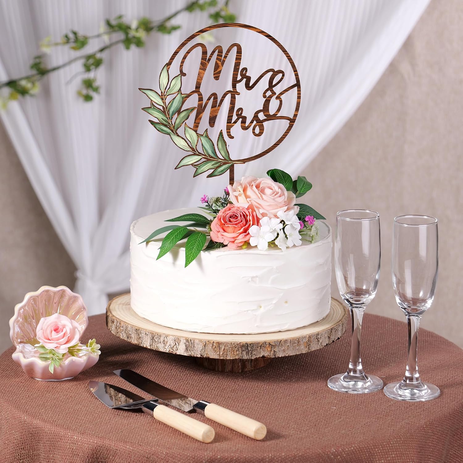 Mr & Mrs Cake Topper Greeny Wedding Cake Topper in Wood (Walnut Texture)