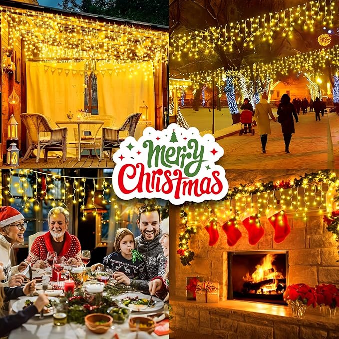 KNONEW 99ft 960 LED Christmas Lights Outdoor Decorations with 180 Drops, 8 Modes Curtain Fairy Light, Clear Wire LED String Light Indoor Decor for Wedding Party Christmas(Warm White)
