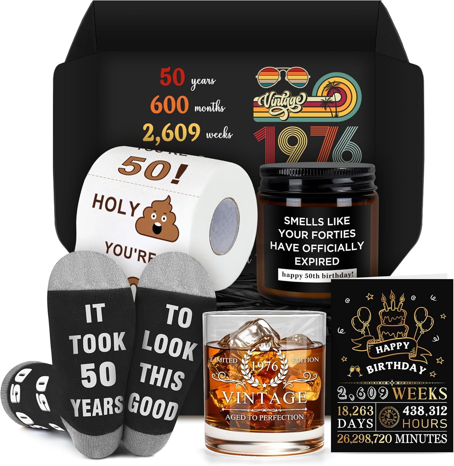 Pradnel 50th Birthday Gifts for Him Cool Gifts for 50 Year Old Man Happy 50th Birthday Decorations for Men Vintage 1976 Wine GlassToilet Paper Roll Novelty Socks Funny 50 Year Old Gift ideas for Mens