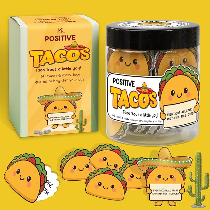 Positive Taco Jar – 60 Funny Emotional Support Taco, Back to School Gift for Students, Teachers, White Elephant Gifts For Women, Men, Corworker, Mental Health Gift, Birthday Gifts for Women