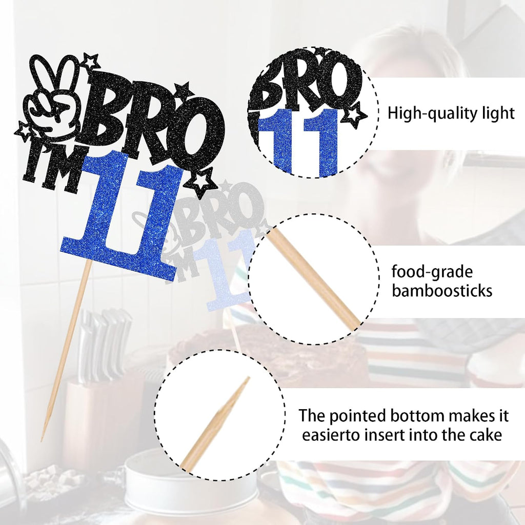 1 PCS Brother I'm 11 Cake Topper Glitter Star Happy 11th Birthday Cake Pick Bro I'm 11 Cake Decoration It's My 11th Birthday Decorations for Boys Cheers to 11 Years Old Birthday Party Supplies Blue