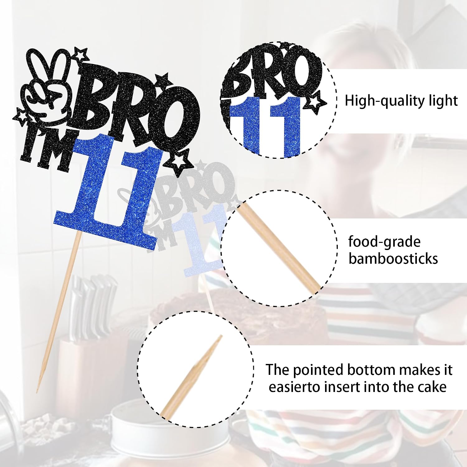 1 PCS Brother I'm 11 Cake Topper Glitter Star Happy 11th Birthday Cake Pick Bro I'm 11 Cake Decoration It's My 11th Birthday Decorations for Boys Cheers to 11 Years Old Birthday Party Supplies Blue
