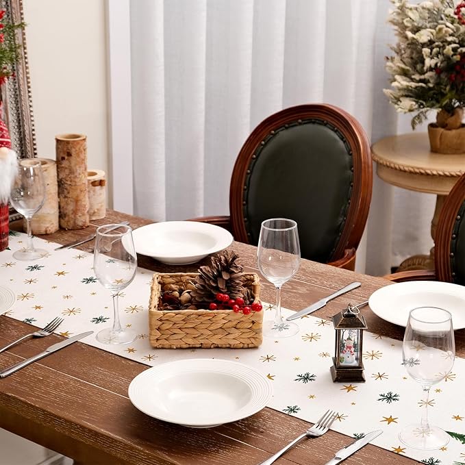 GEEORY Christmas Table Runner 13x120 Inch, Xmas Tees Snowflakes Holiday Decorative Farmhouse Table Decoration for Kitchen Dinning, Indoor Outdoor Dinner Party Decor (Light Green) GT166-120
