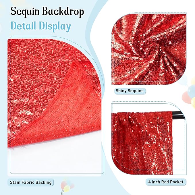 SquarePie Sequin Backdrop Curtain Not See Through Thick Glitter Background for Party 6FT x 6FT Red