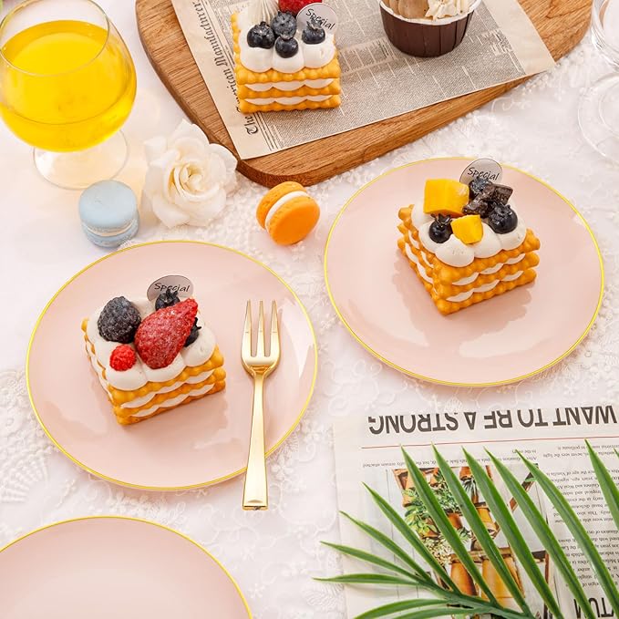 Festiva 200Pcs Pink Gold Cake Plates 6.3" with Forks 5"- Disposable Salad Plates-Pink Dessert Plates-Appetizer Plastic Plates - include 100Plates 100Forks for Party&Wedding&Easter&Mother's Day