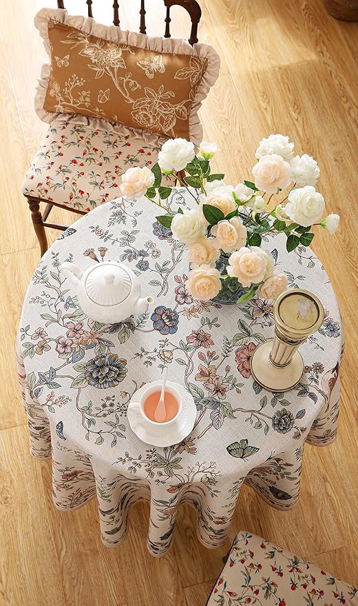 ISAENNE Designer French Light Beige Round Tablecloth,Linen Florals and Birds Pattern Table Cloth,Anti-Wrinkle Decorative Tablecloths for Dining Thanksgiving Kitchen,Diameter 67"-Cornucopia