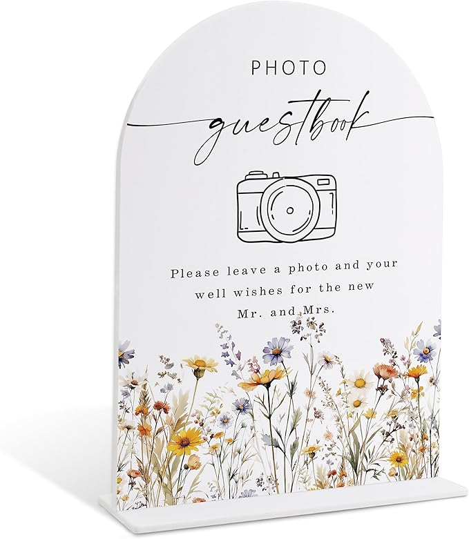 Wedding Signs for Ceremony and Reception, Boho Floral Acrylic Photo Guestbook Sign, Wedding Signage with Stand, Bridal Shower Table Centerpieces, Supplies for Engagement Reception Event Party, 27