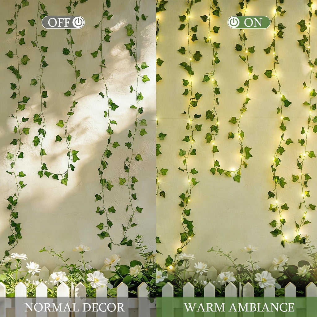 JMEXSUSS 33Ft Vines with Lights Battery Operated, 100 LED Ivy Vines with Fairy Lights Leaf with Remote for Bedroom Wall Classroom Dorm Wedding Birthday Party Decor(Warm White)