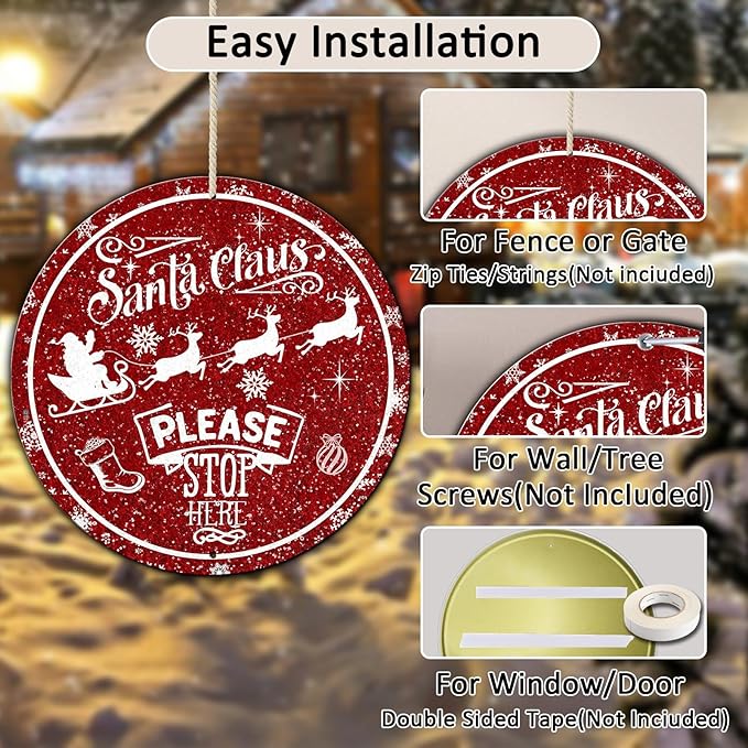 Round Metal Tin Sign - Santa Sleigh Reindeer Vintage Sign - Santa Claus Please Stop Here Sign for Christmas Living Room Bedroom Coffee Bar - 12 * 12 in