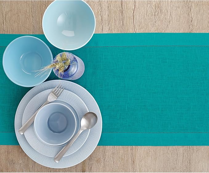 Solino Home Linen Teal Table Runner 72 Inches Long - 100% Pure Linen Hemstitch Table Runner 14 x 72 Inch for Dresser, Dining, Fall, Autumn, Halloween, Thanksgiving, Christmas - Classic Hemstitch
