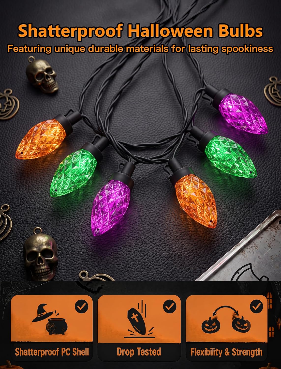 26FT C9 Halloween String Lights, 50 LED Orange Green Purple Diamond Lights