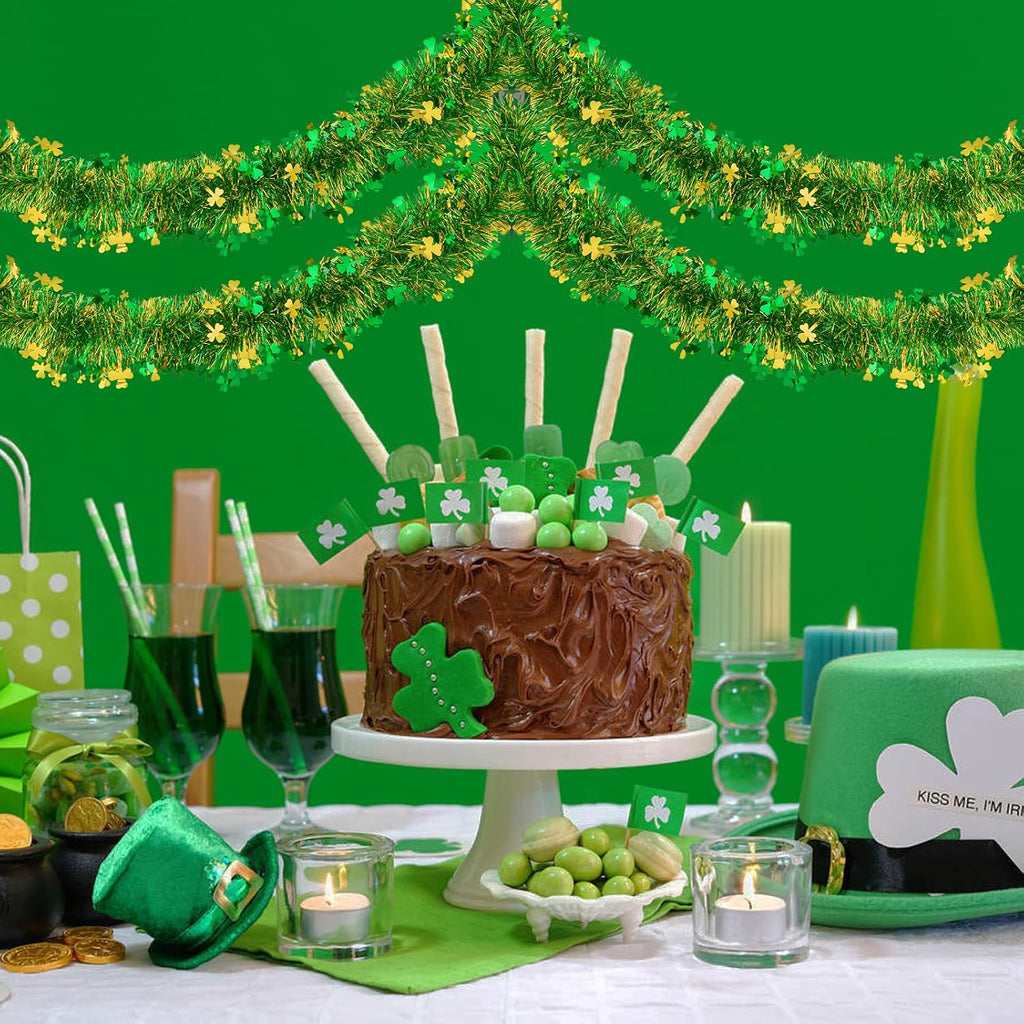 33FT St.Patrick's Day Tinsel Garland Shamrock Clover Green Golden Metallic Twist Tinsel Garland Hanging Foil Garland for St. Patrick's Day Irish Festival Party Indoor Outdoor Decoration