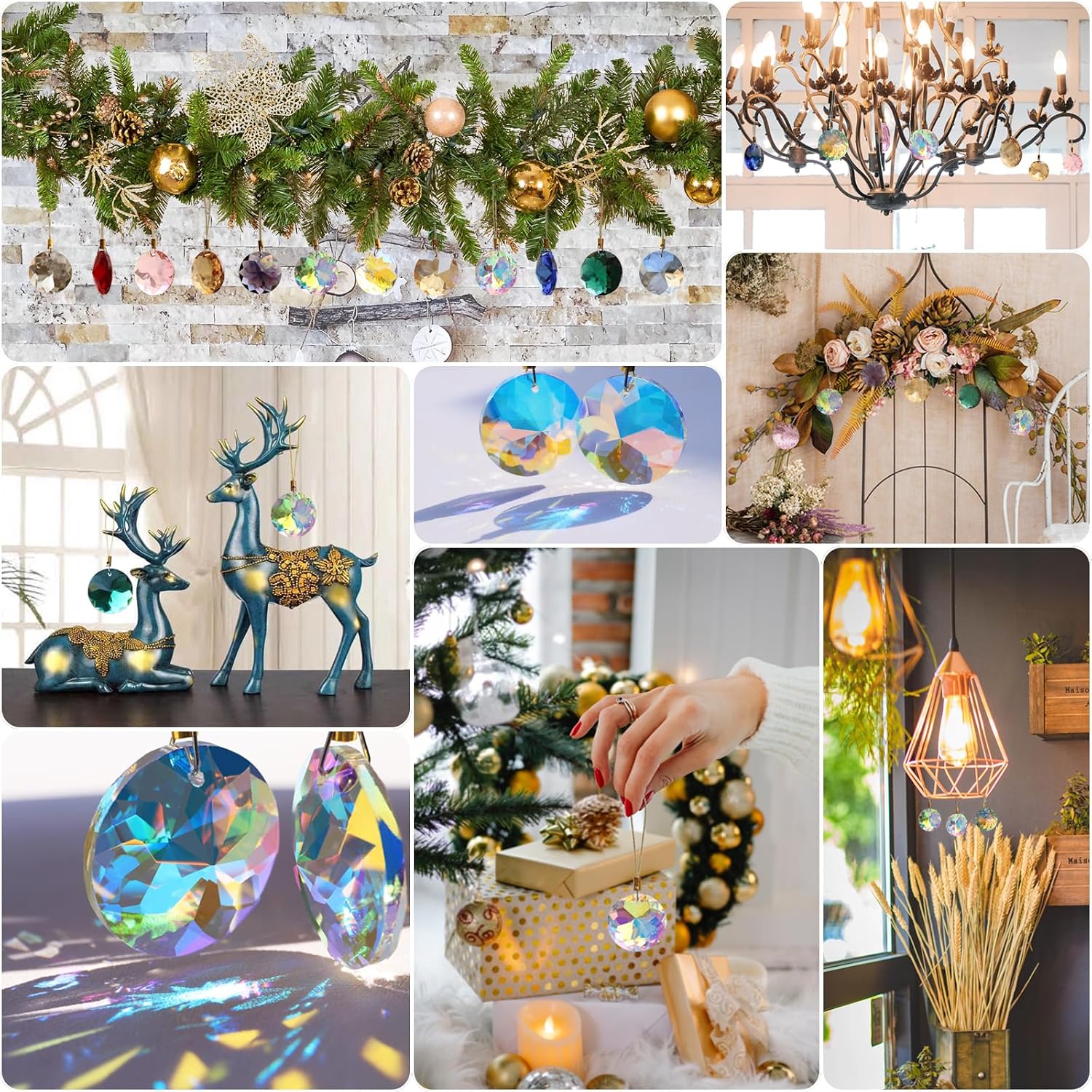 12 Pcs Crystal Glass Christmas Balls Ornaments, 1.18″ Mini Round Prism Flower Xmas Tree Decorations, Hanging Ornament for Wedding Party Home Decor (Crystal AB)