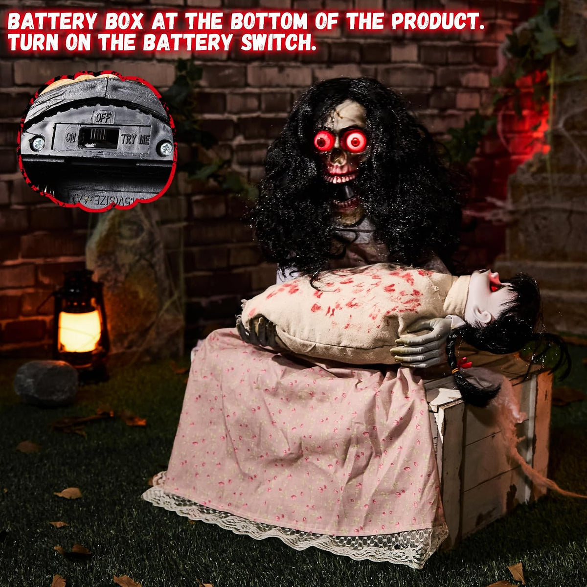 Halloween Animatronics Creepy Sitting Skeleton & Doll Animated Decoration...